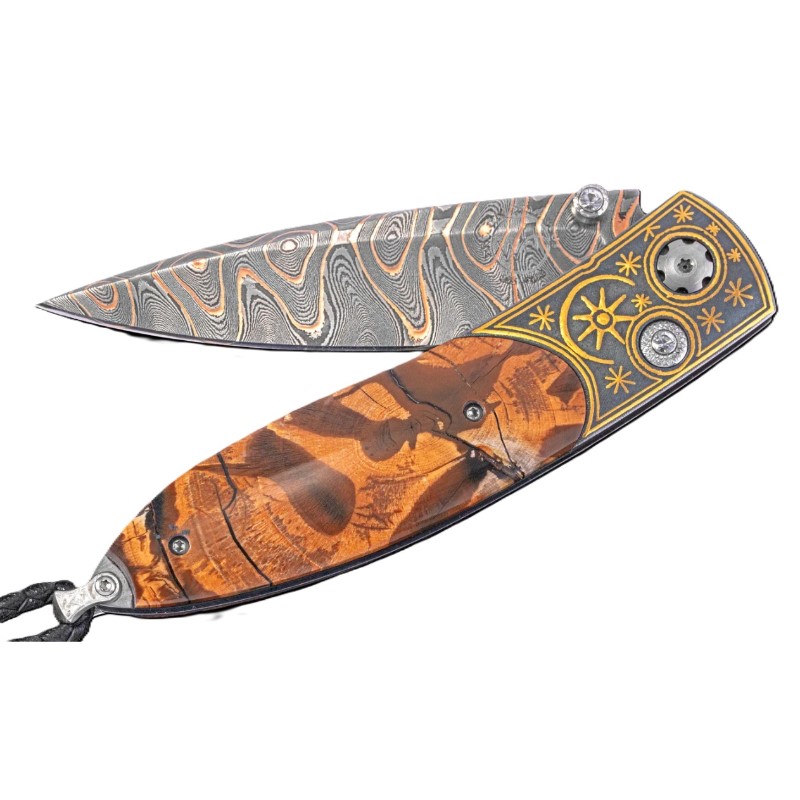 William Henry Folding knife featuring fossil woolly mammoth tusk scales  hand-forged 'Firestorm' damascus blade  24K gold Koftgari  and white topaz gemstones